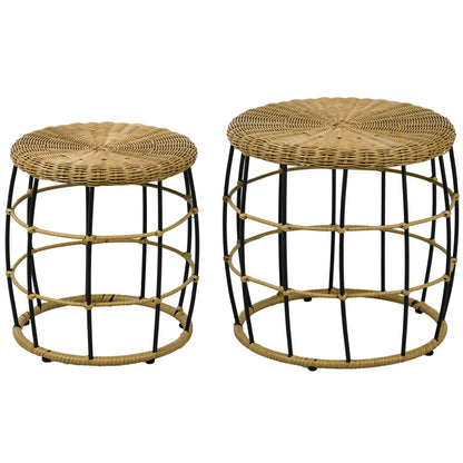 Rattan Side Table 2-Piece Set, Coffee Table, Stackable End Table, Hand-woven Coffee Table for Garden, Balcony, Steel, Khaki