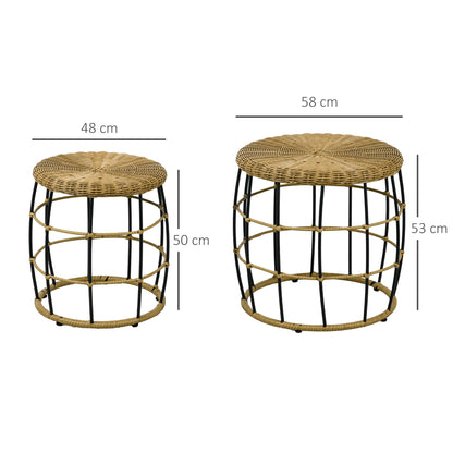 Rattan Side Table 2-Piece Set, Coffee Table, Stackable End Table, Hand-woven Coffee Table for Garden, Balcony, Steel, Khaki