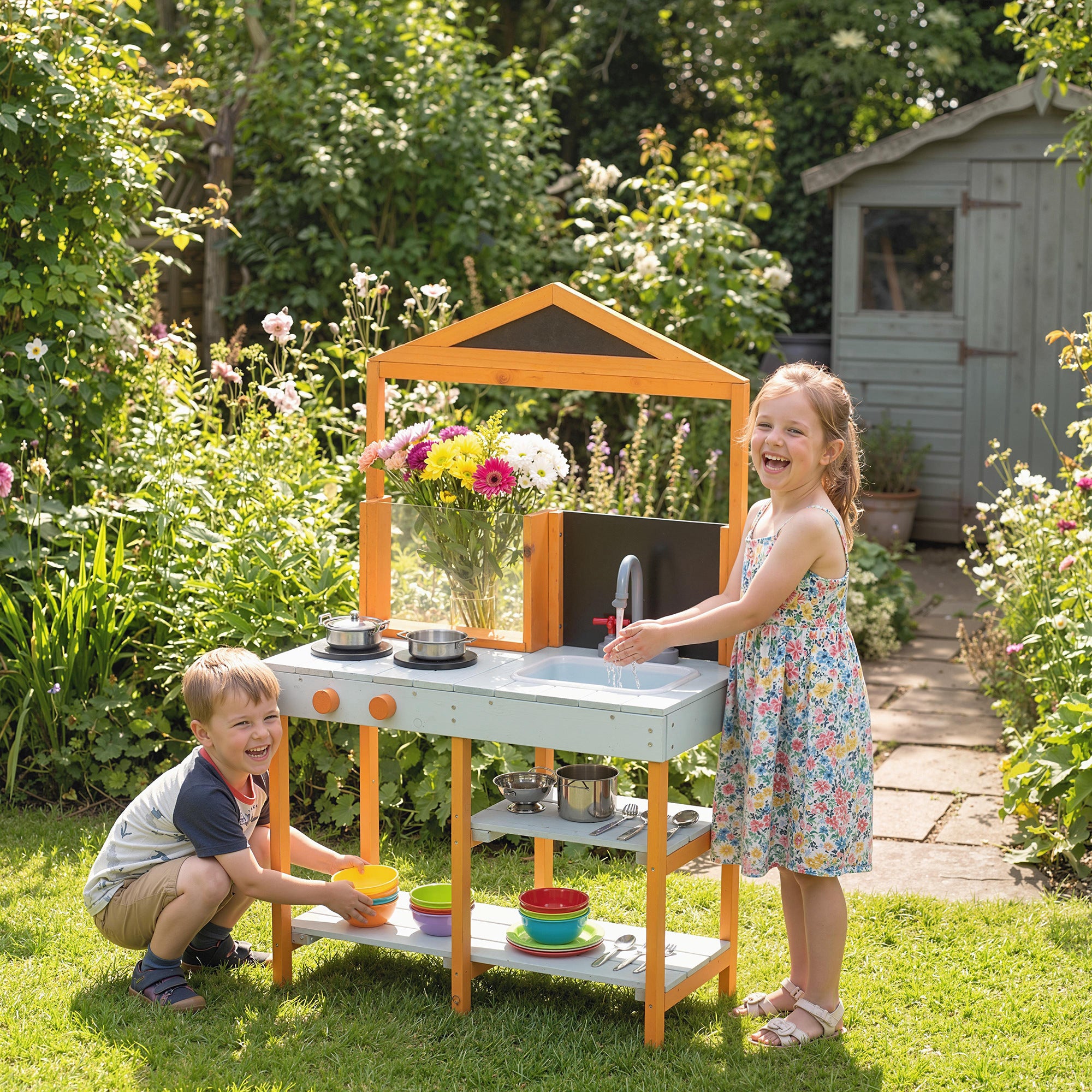 Mud Kitchen Outdoor Play Kitchen, Wooden with Stove, Removable Sink & Shelves—Includes 4 Stainless Bowls & 3 Shovels, Ages 3–8, Light Blue