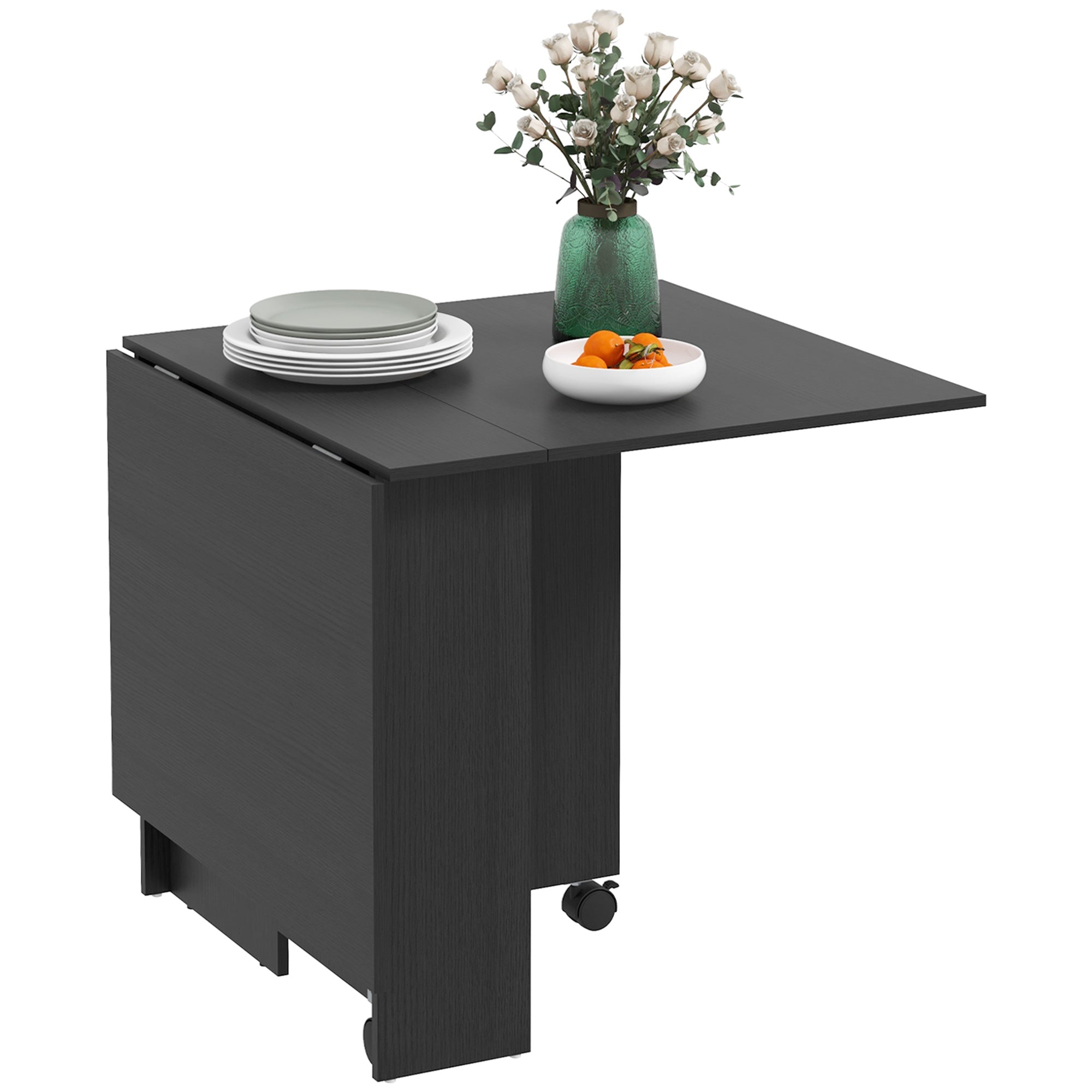 Folding Table with Wheels, Modern Design Dining Table, Space Saving Foldable, Modern Design, with Wheels, Storage Shelves, 140 × 80 × 74cm, Black