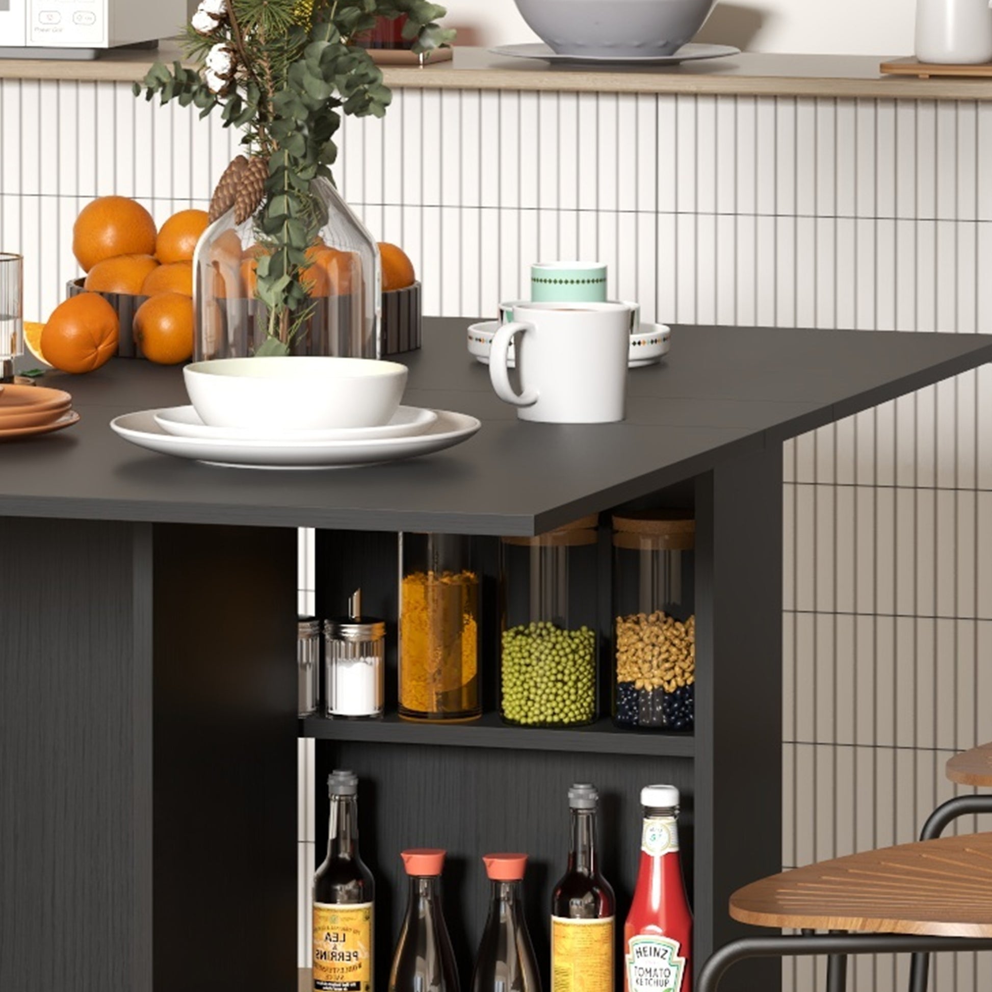 Folding Table with Wheels, Modern Design Dining Table, Space Saving Foldable, Modern Design, with Wheels, Storage Shelves, 140 × 80 × 74cm, Black
