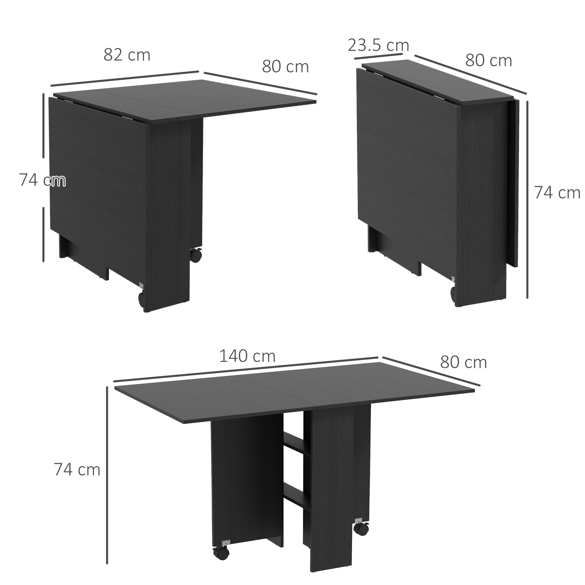 Folding Table with Wheels, Modern Design Dining Table, Space Saving Foldable, Modern Design, with Wheels, Storage Shelves, 140 × 80 × 74cm, Black