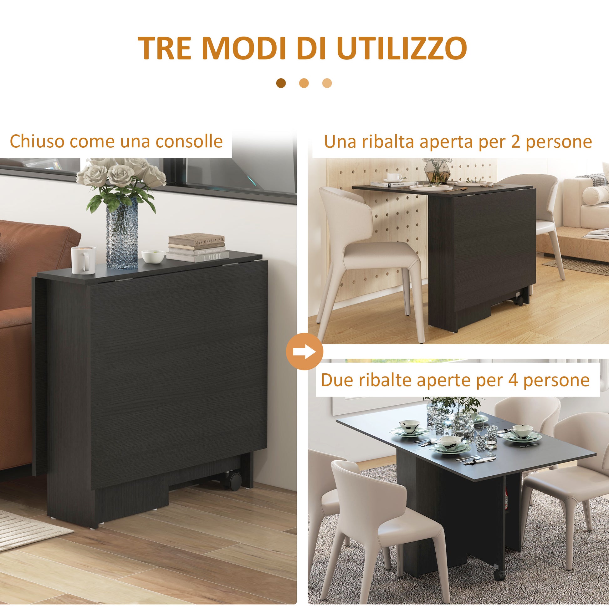 Folding Table with Wheels, Modern Design Dining Table, Space Saving Foldable, Modern Design, with Wheels, Storage Shelves, 140 × 80 × 74cm, Black