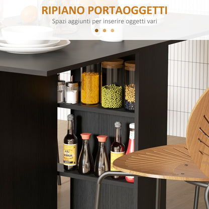 Folding Table with Wheels, Modern Design Dining Table, Space Saving Foldable, Modern Design, with Wheels, Storage Shelves, 140 × 80 × 74cm, Black