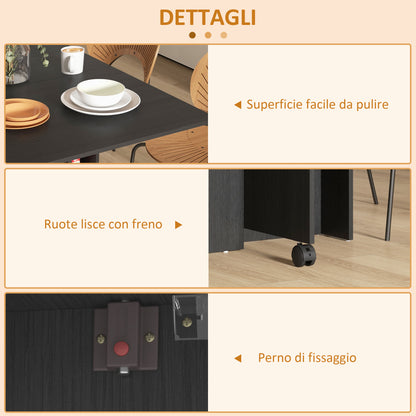 Folding Table with Wheels, Modern Design Dining Table, Space Saving Foldable, Modern Design, with Wheels, Storage Shelves, 140 × 80 × 74cm, Black