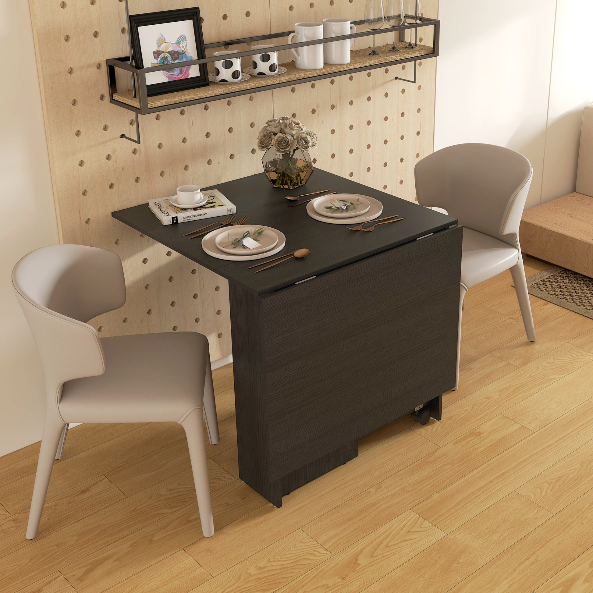 Folding Table with Wheels, Modern Design Dining Table, Space Saving Foldable, Modern Design, with Wheels, Storage Shelves, 140 × 80 × 74cm, Black