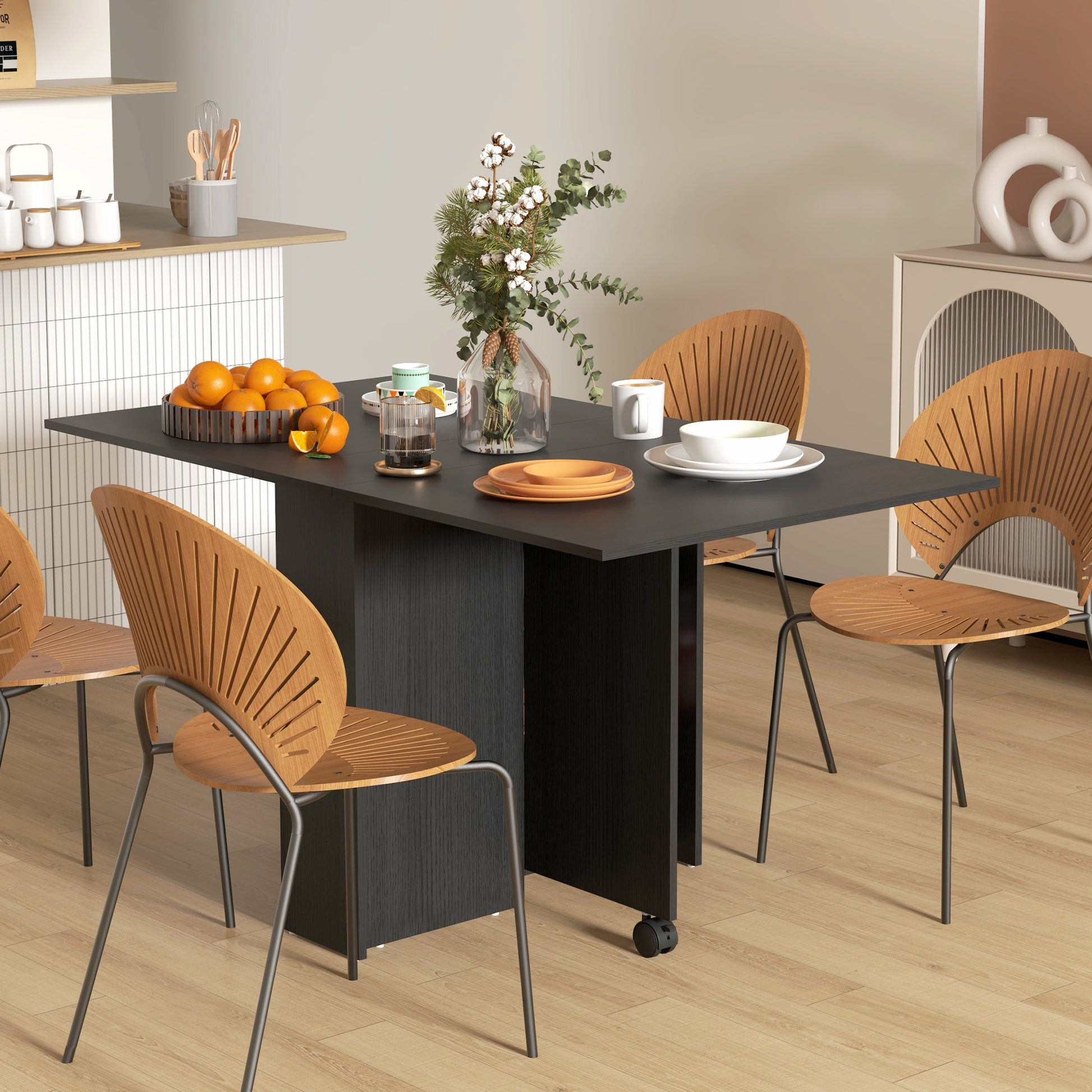 Folding Table with Wheels, Modern Design Dining Table, Space Saving Foldable, Modern Design, with Wheels, Storage Shelves, 140 × 80 × 74cm, Black