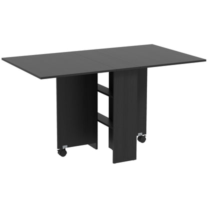 Folding Table with Wheels, Modern Design Dining Table, Space Saving Foldable, Modern Design, with Wheels, Storage Shelves, 140 × 80 × 74cm, Black