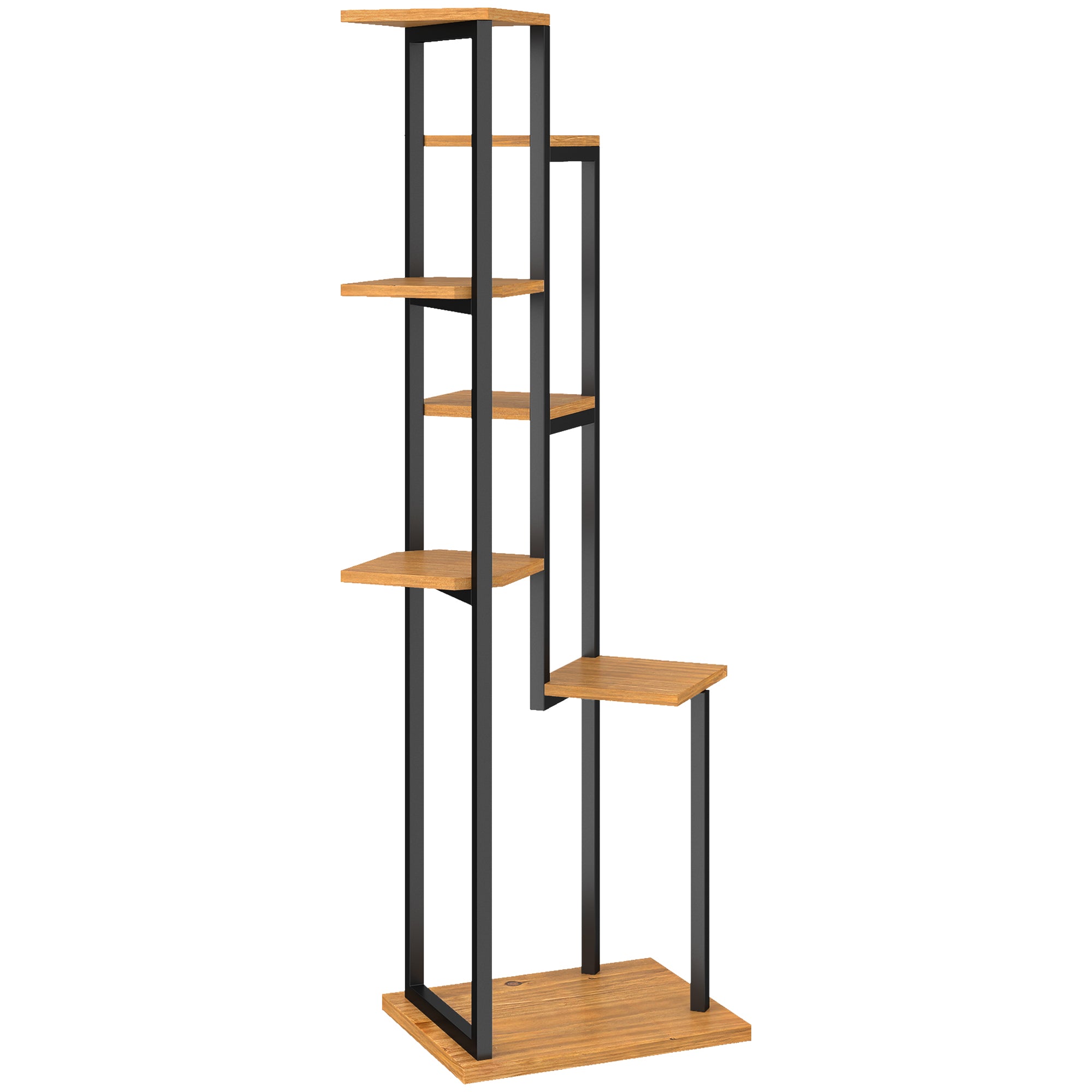 7-Tier Plant Stand, 51.2 in Tall Staggered Wooden & Steel Flower Shelf – Light Brown