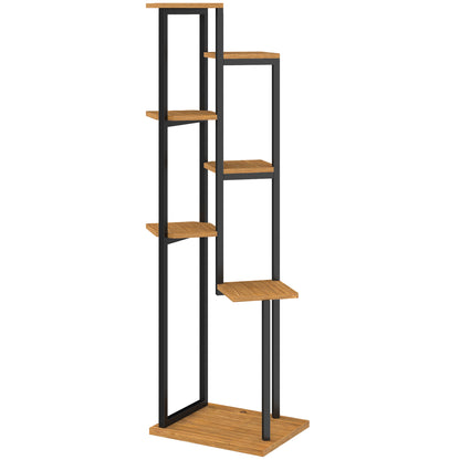 7-Tier Plant Stand, 51.2 in Tall Staggered Wooden & Steel Flower Shelf – Light Brown
