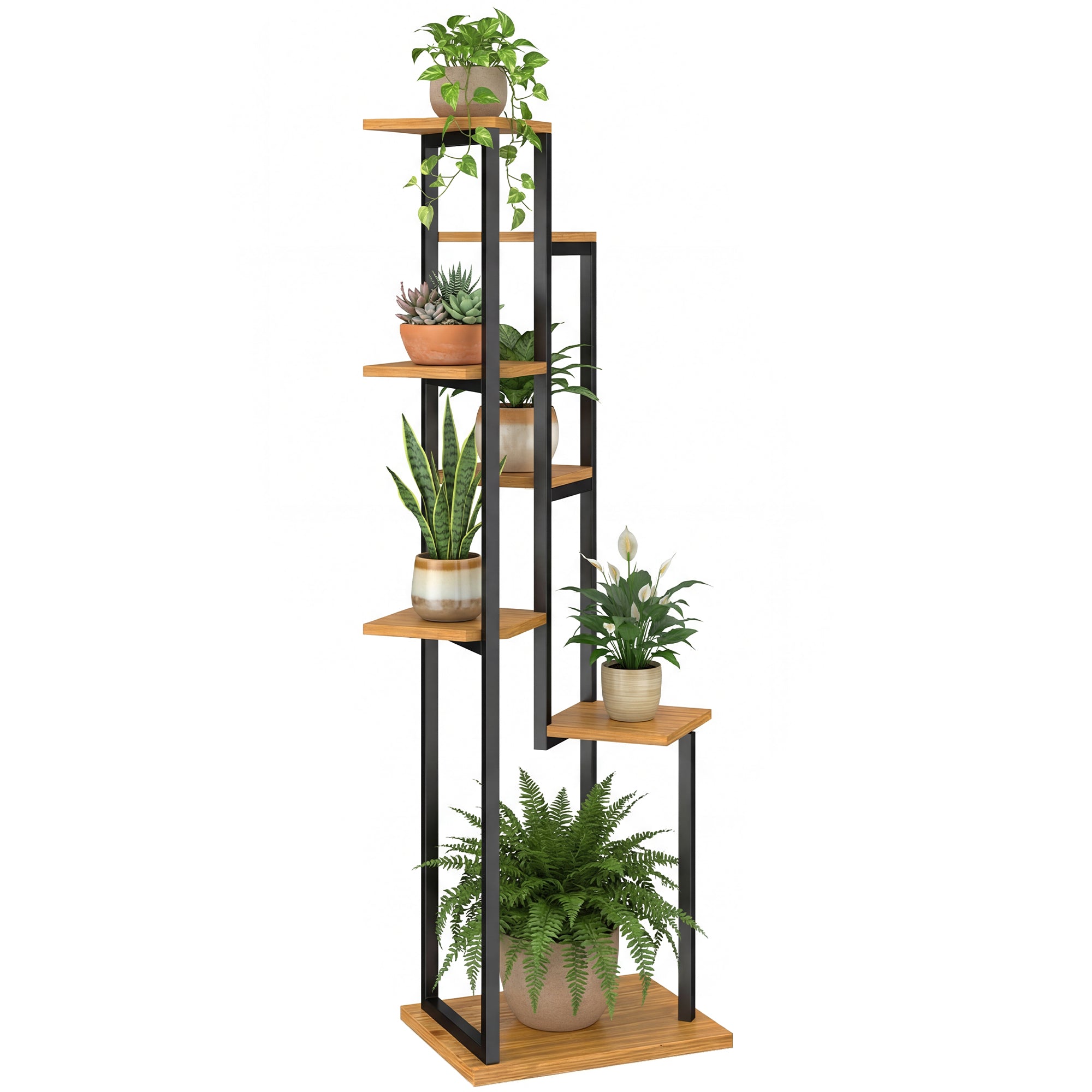 7-Tier Plant Stand, 51.2 in Tall Staggered Wooden & Steel Flower Shelf – Light Brown