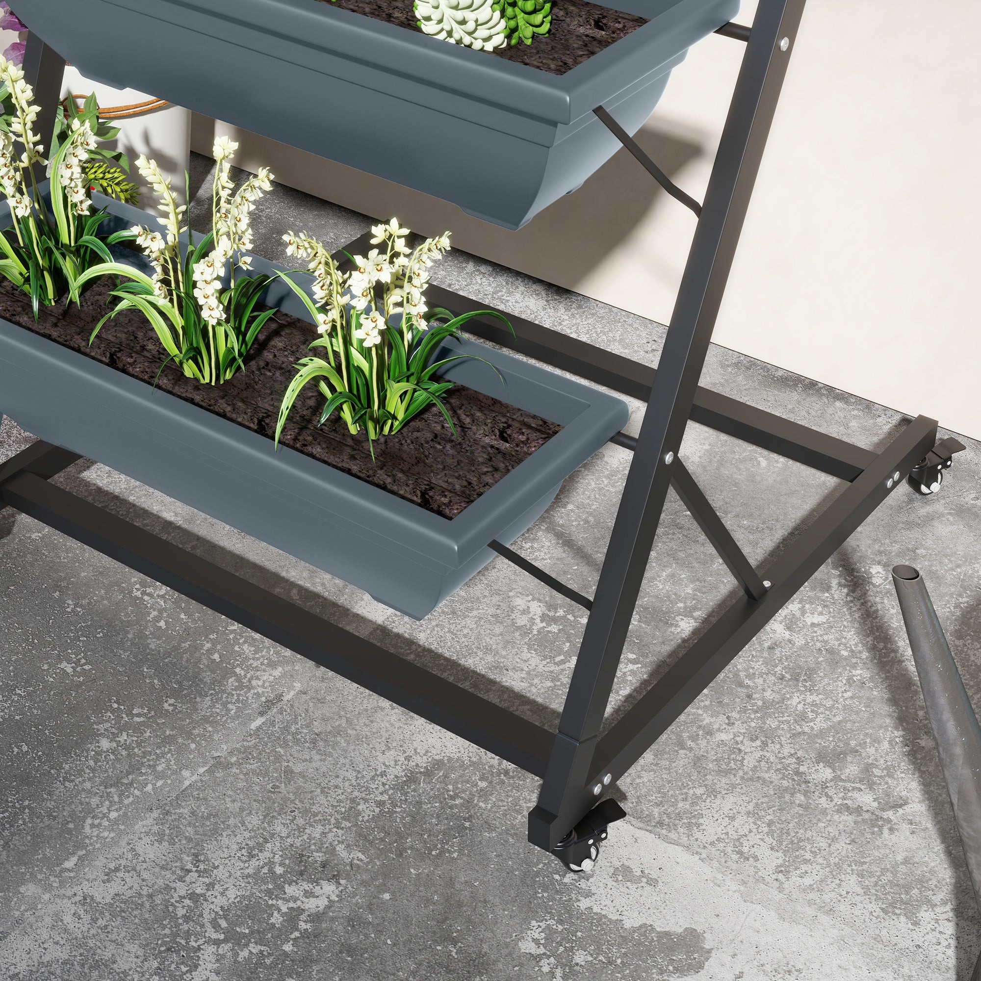 Plant Stand, Flower Stand with 5 Tiers, Plant Rack with Wheels, Flower Shelf with Holes Plant Stand for Garden, Steel, Gray, 65 x 67 x 145 cm