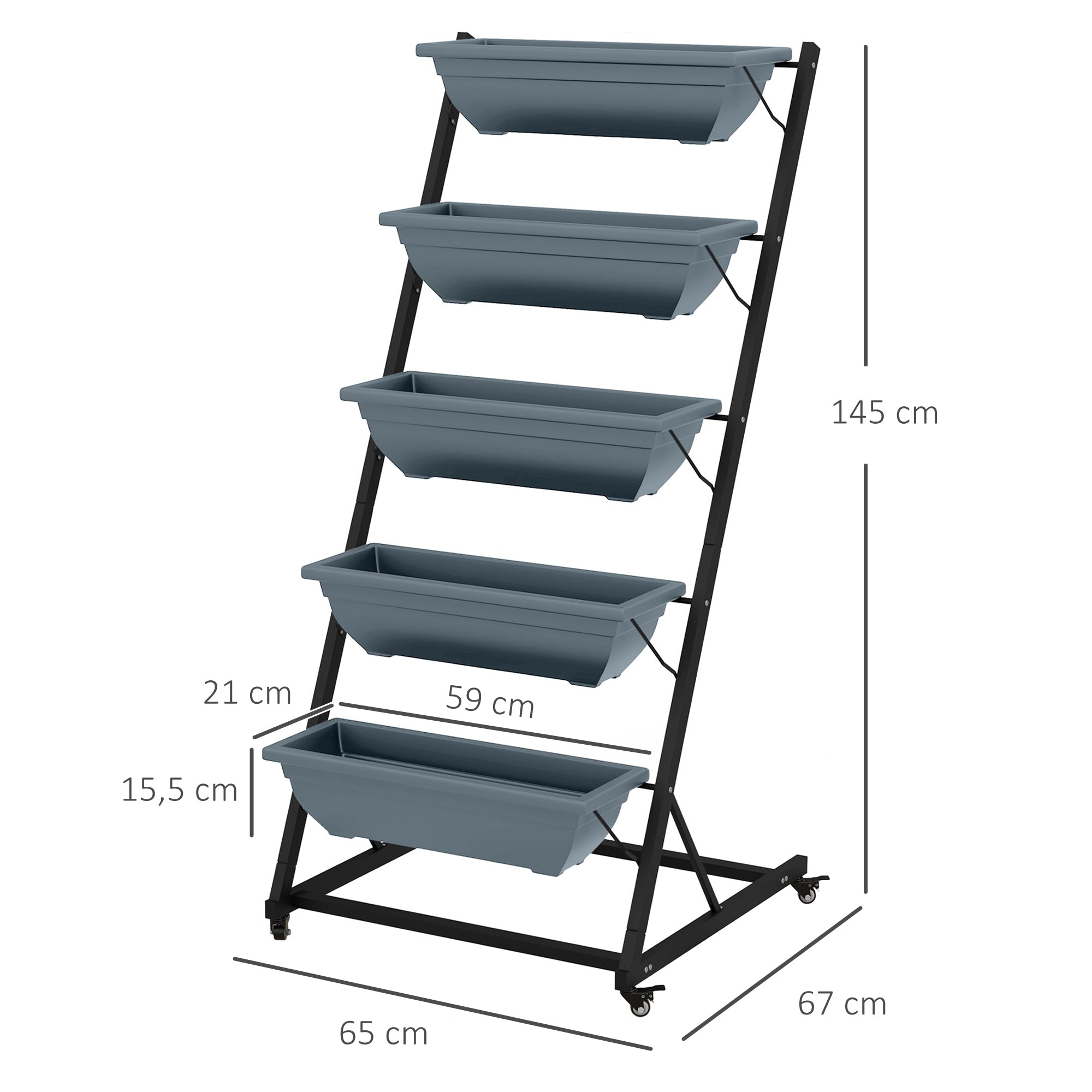 Plant Stand, Flower Stand with 5 Tiers, Plant Rack with Wheels, Flower Shelf with Holes Plant Stand for Garden, Steel, Gray, 65 x 67 x 145 cm