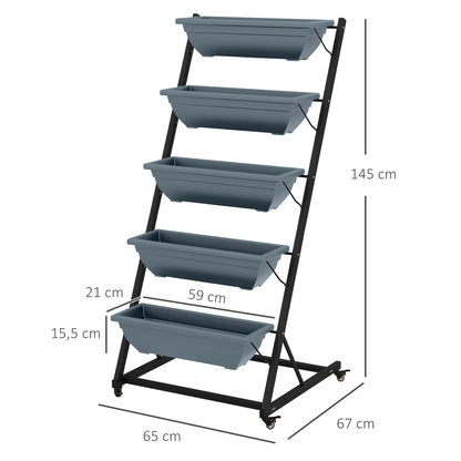 Plant Stand, Flower Stand with 5 Tiers, Plant Rack with Wheels, Flower Shelf with Holes Plant Stand for Garden, Steel, Gray, 65 x 67 x 145 cm