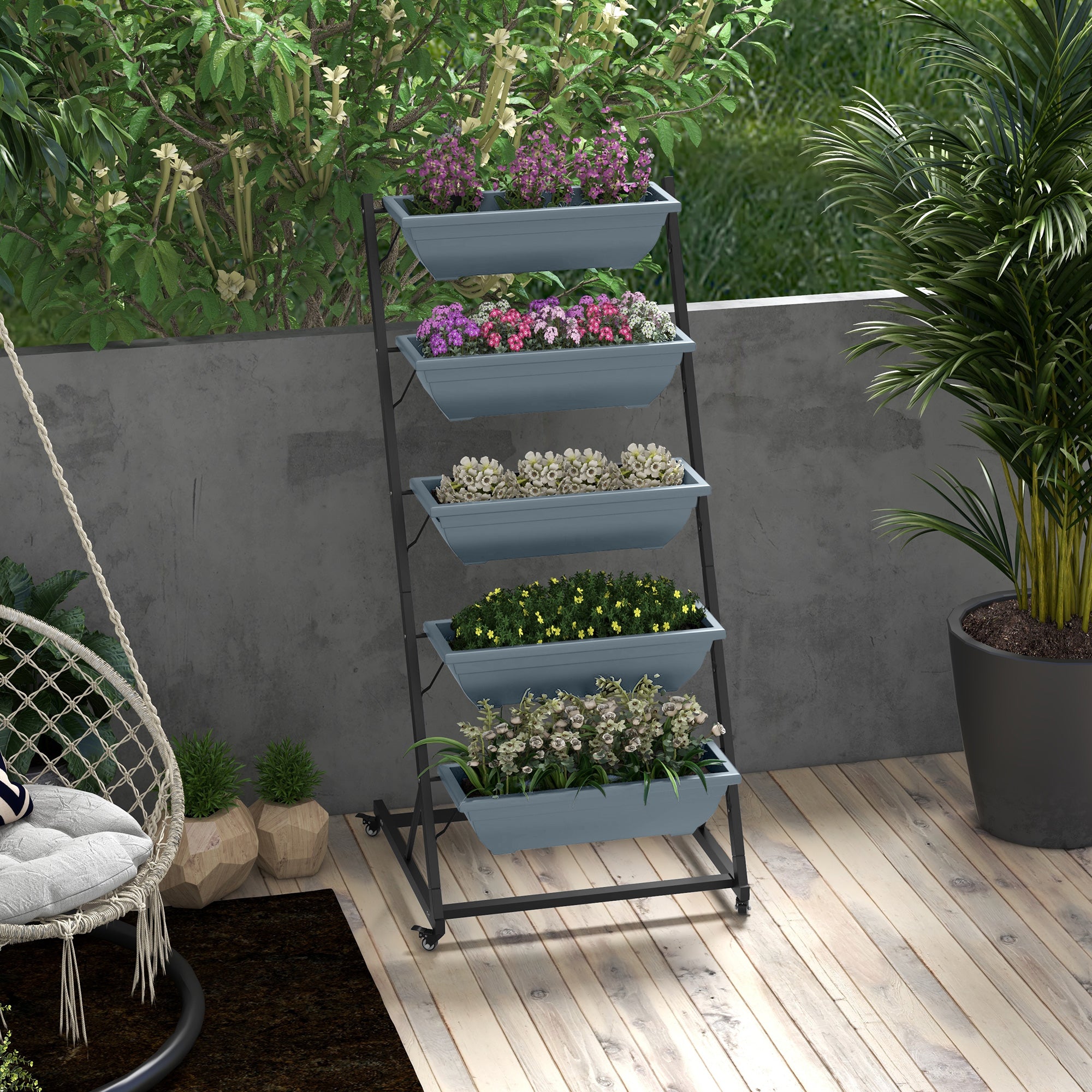 Plant Stand, Flower Stand with 5 Tiers, Plant Rack with Wheels, Flower Shelf with Holes Plant Stand for Garden, Steel, Gray, 65 x 67 x 145 cm