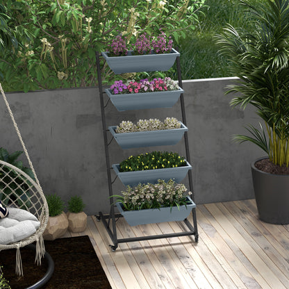 Plant Stand, Flower Stand with 5 Tiers, Plant Rack with Wheels, Flower Shelf with Holes Plant Stand for Garden, Steel, Gray, 65 x 67 x 145 cm