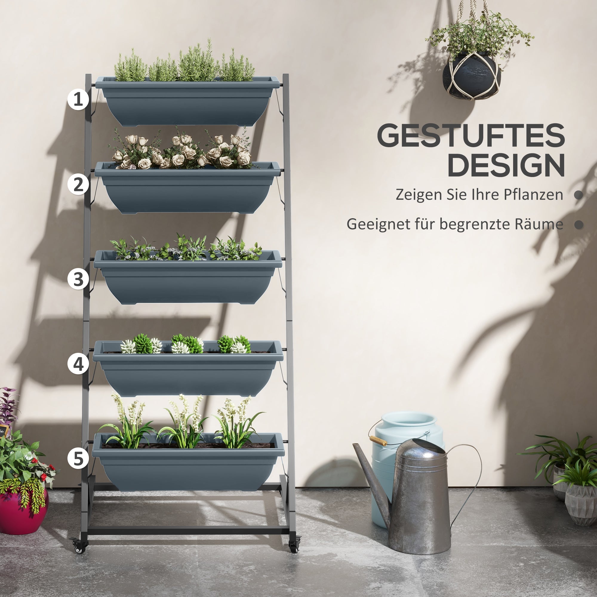 Plant Stand, Flower Stand with 5 Tiers, Plant Rack with Wheels, Flower Shelf with Holes Plant Stand for Garden, Steel, Gray, 65 x 67 x 145 cm