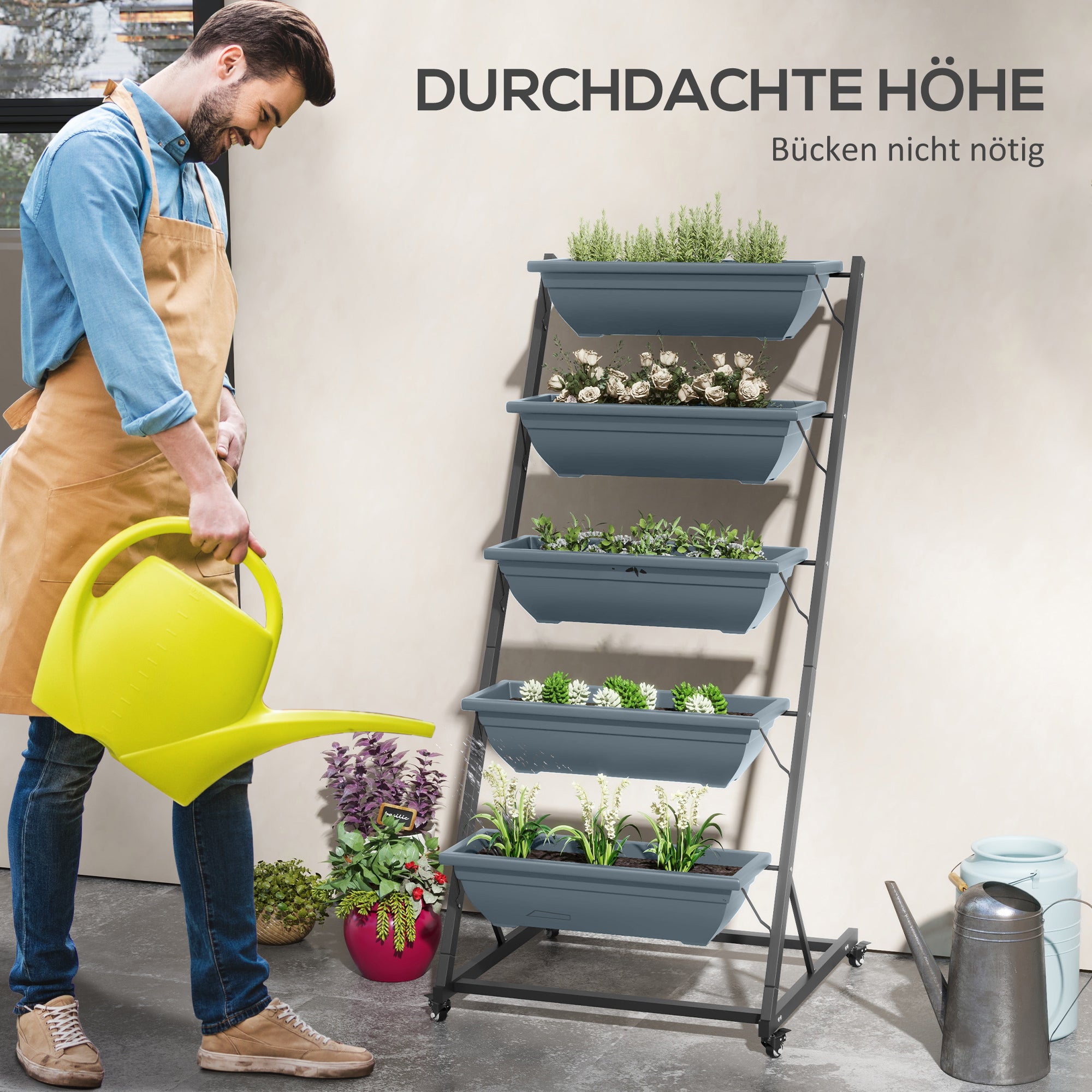 Plant Stand, Flower Stand with 5 Tiers, Plant Rack with Wheels, Flower Shelf with Holes Plant Stand for Garden, Steel, Gray, 65 x 67 x 145 cm