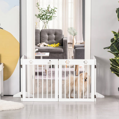 Foldable 4 Panel Dog Barrier 204x61 cm Safety Barrier for Dogs with Wood Structure and Support Legs for Hallway Stairs White