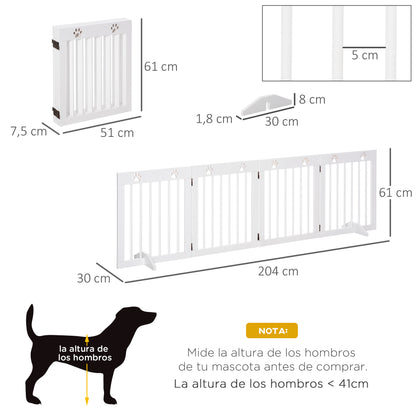 Foldable 4 Panel Dog Barrier 204x61 cm Safety Barrier for Dogs with Wood Structure and Support Legs for Hallway Stairs White