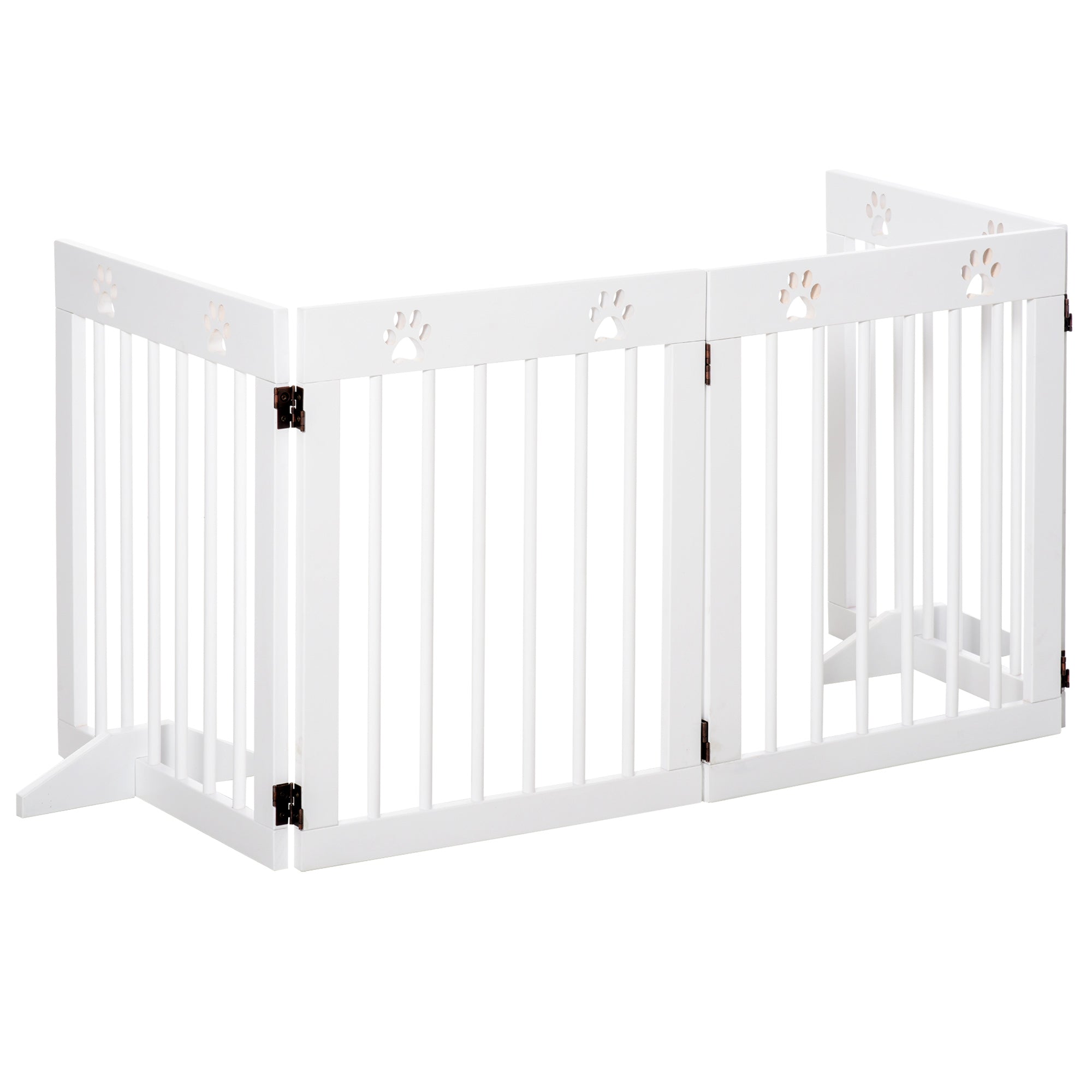Foldable 4 Panel Dog Barrier 204x61 cm Safety Barrier for Dogs with Wood Structure and Support Legs for Hallway Stairs White