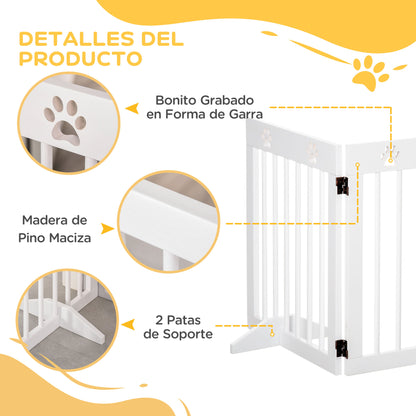 Foldable 4 Panel Dog Barrier 204x61 cm Safety Barrier for Dogs with Wood Structure and Support Legs for Hallway Stairs White