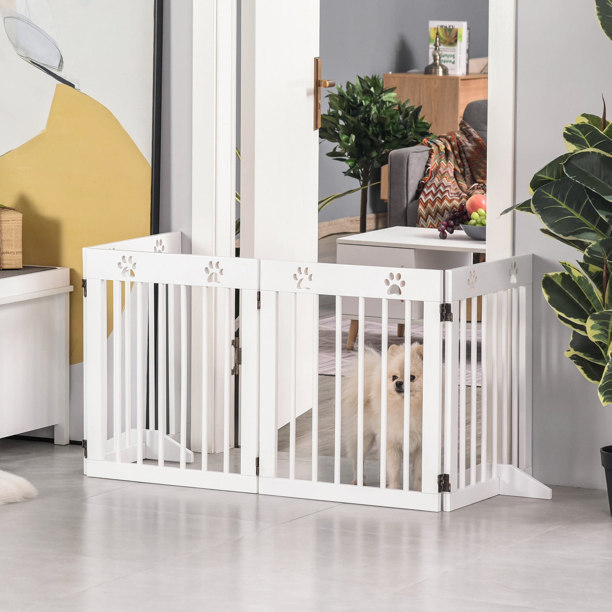 Foldable 4 Panel Dog Barrier 204x61 cm Safety Barrier for Dogs with Wood Structure and Support Legs for Hallway Stairs White