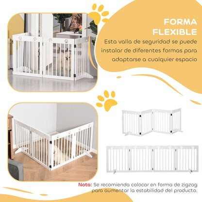 Foldable 4 Panel Dog Barrier 204x61 cm Safety Barrier for Dogs with Wood Structure and Support Legs for Hallway Stairs White
