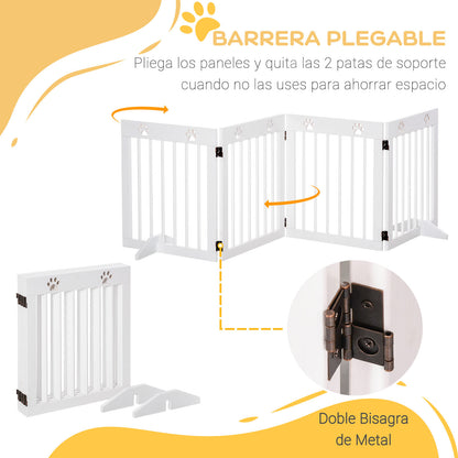 Foldable 4 Panel Dog Barrier 204x61 cm Safety Barrier for Dogs with Wood Structure and Support Legs for Hallway Stairs White