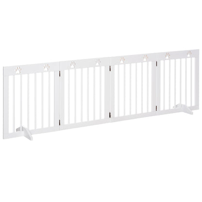 Foldable 4 Panel Dog Barrier 204x61 cm Safety Barrier for Dogs with Wood Structure and Support Legs for Hallway Stairs White
