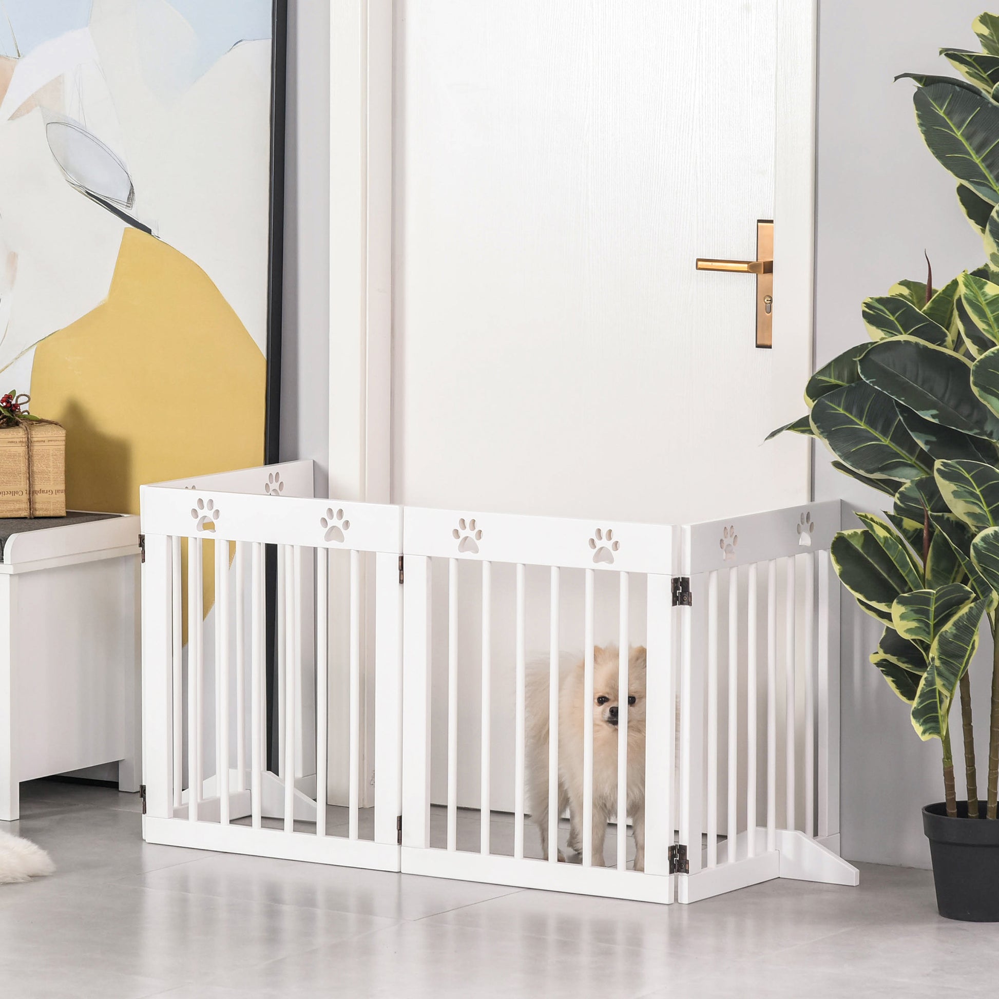 Foldable 4 Panel Dog Barrier 204x61 cm Safety Barrier for Dogs with Wood Structure and Support Legs for Hallway Stairs White