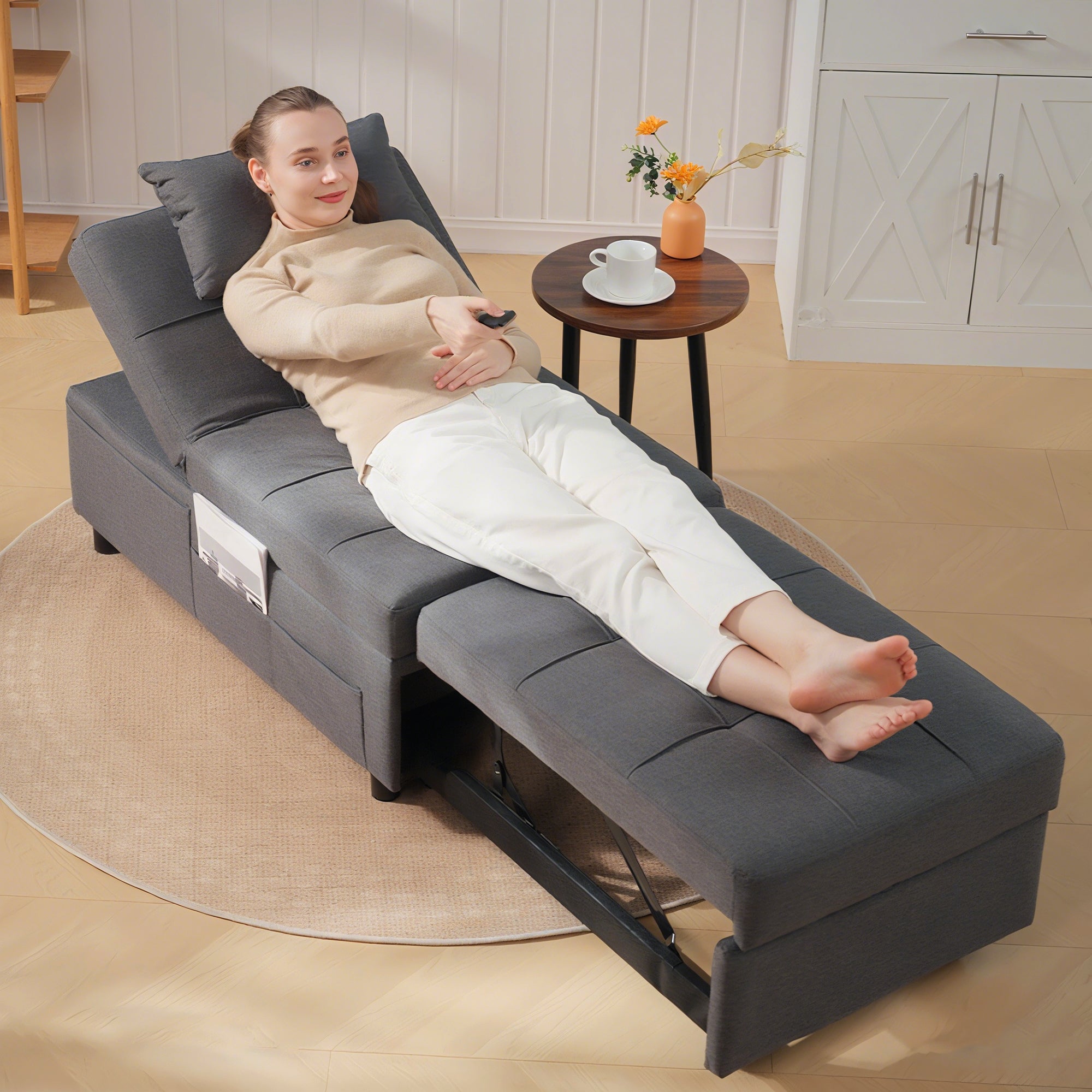 3-in-1 Convertible Single Armchair — Recliner, Ottoman & Single Sofa Bed, Adjustable Back, Padded Seat and Pillow, Gray