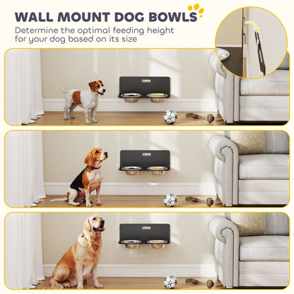 Wall-Mounted Adjustable Dog Feeder — 2 x 27 fl oz Stainless Steel Bowls, Black