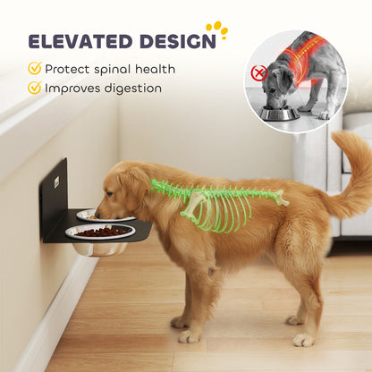 Wall-Mounted Adjustable Dog Feeder — 2 x 27 fl oz Stainless Steel Bowls, Black