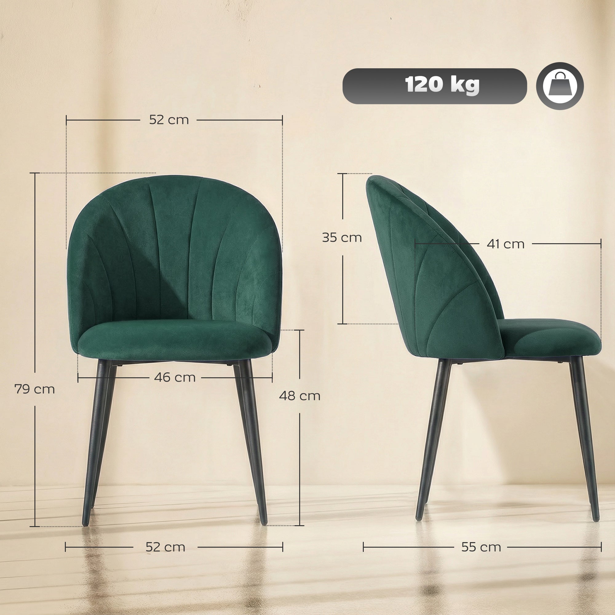 Set of 2 Dark Green Velvet Dining Chairs — Padded Armless Side Chairs with Steel Legs