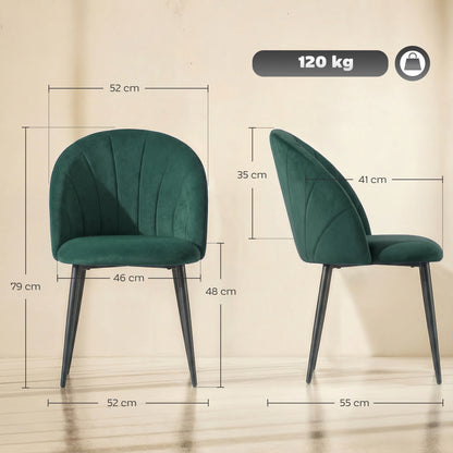 Set of 2 Dark Green Velvet Dining Chairs — Padded Armless Side Chairs with Steel Legs