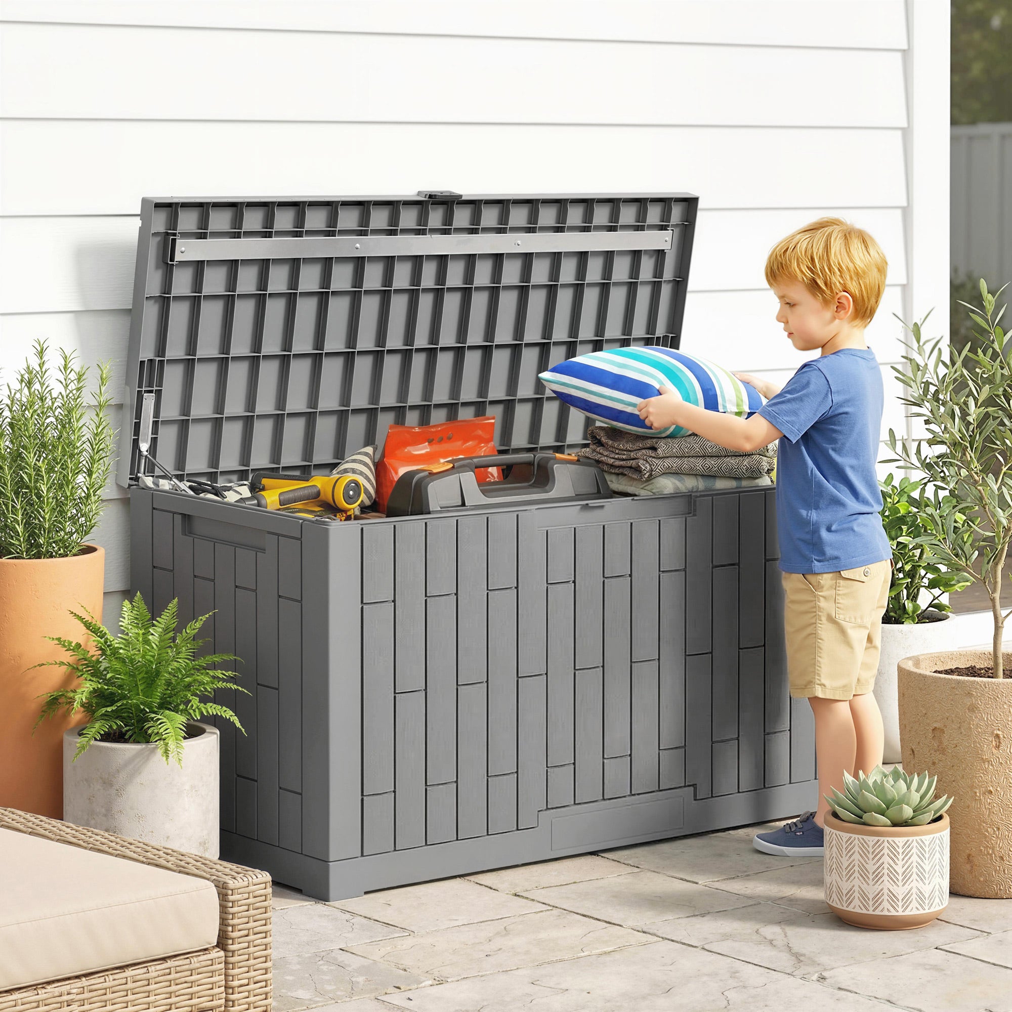 379 L Lockable Outdoor Storage Chest with Gas Strut — UV-Resistant Wood-Effect, Coffee Brown, 122.5 x 56 x 62 cm