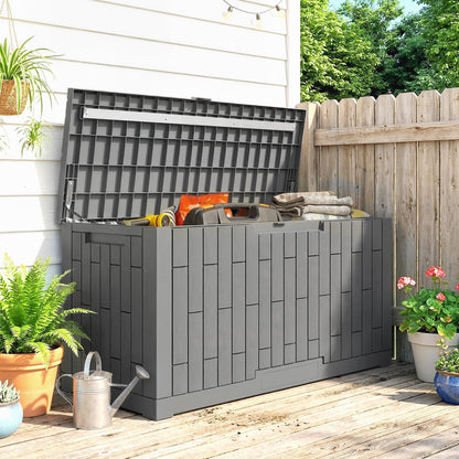 379 L Lockable Outdoor Storage Chest with Gas Strut — UV-Resistant Wood-Effect, Coffee Brown, 122.5 x 56 x 62 cm