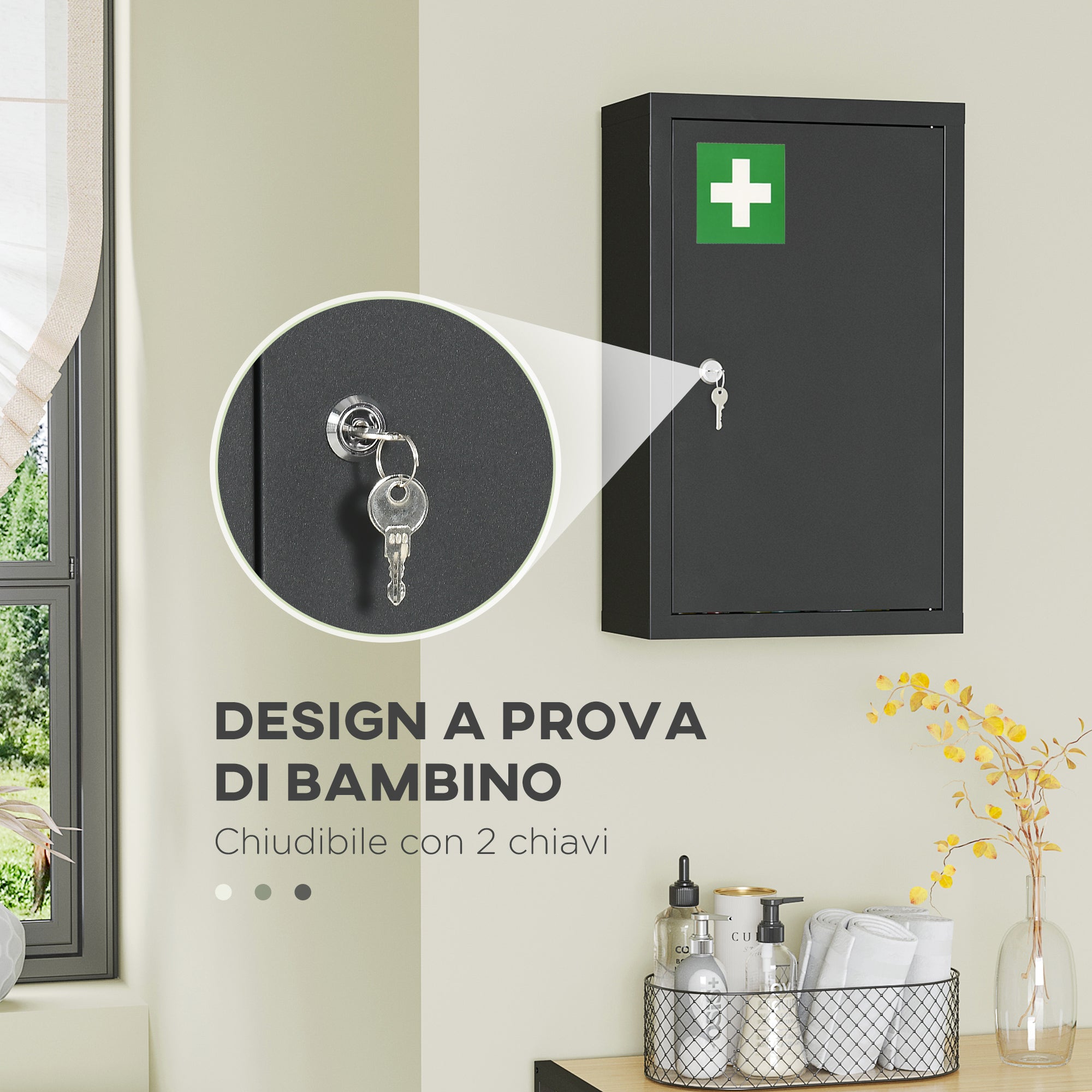 Wall-mounted Medicine Cabinet with 2 Shelves and 2 Security Keys, Home Steel Medicine Cabinet, 30x14x46 cm, Black