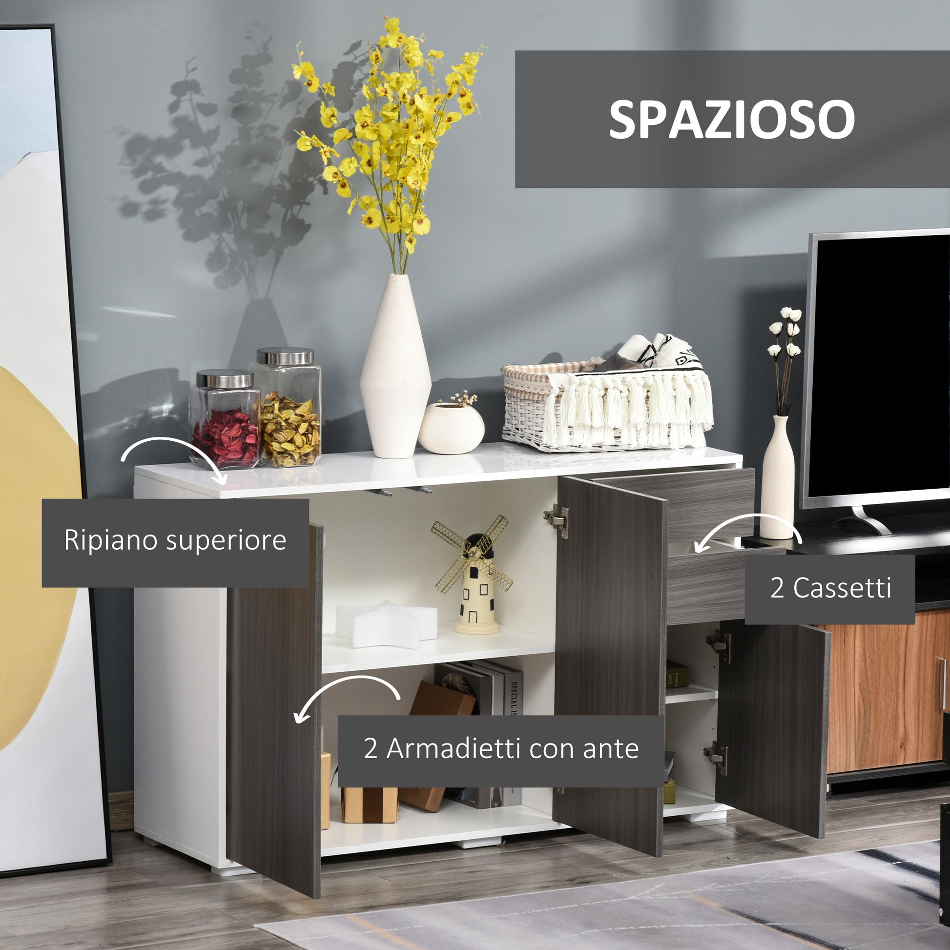 Multi-Purpose Cabinet for Living Room, Kitchen, Office, 2 Drawers and 2 Cabinets with Push-to-Open, Gray
