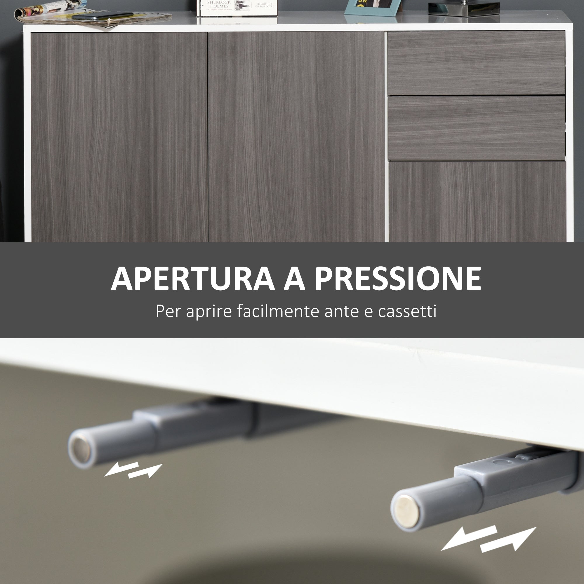 Multi-Purpose Cabinet for Living Room, Kitchen, Office, 2 Drawers and 2 Cabinets with Push-to-Open, Gray