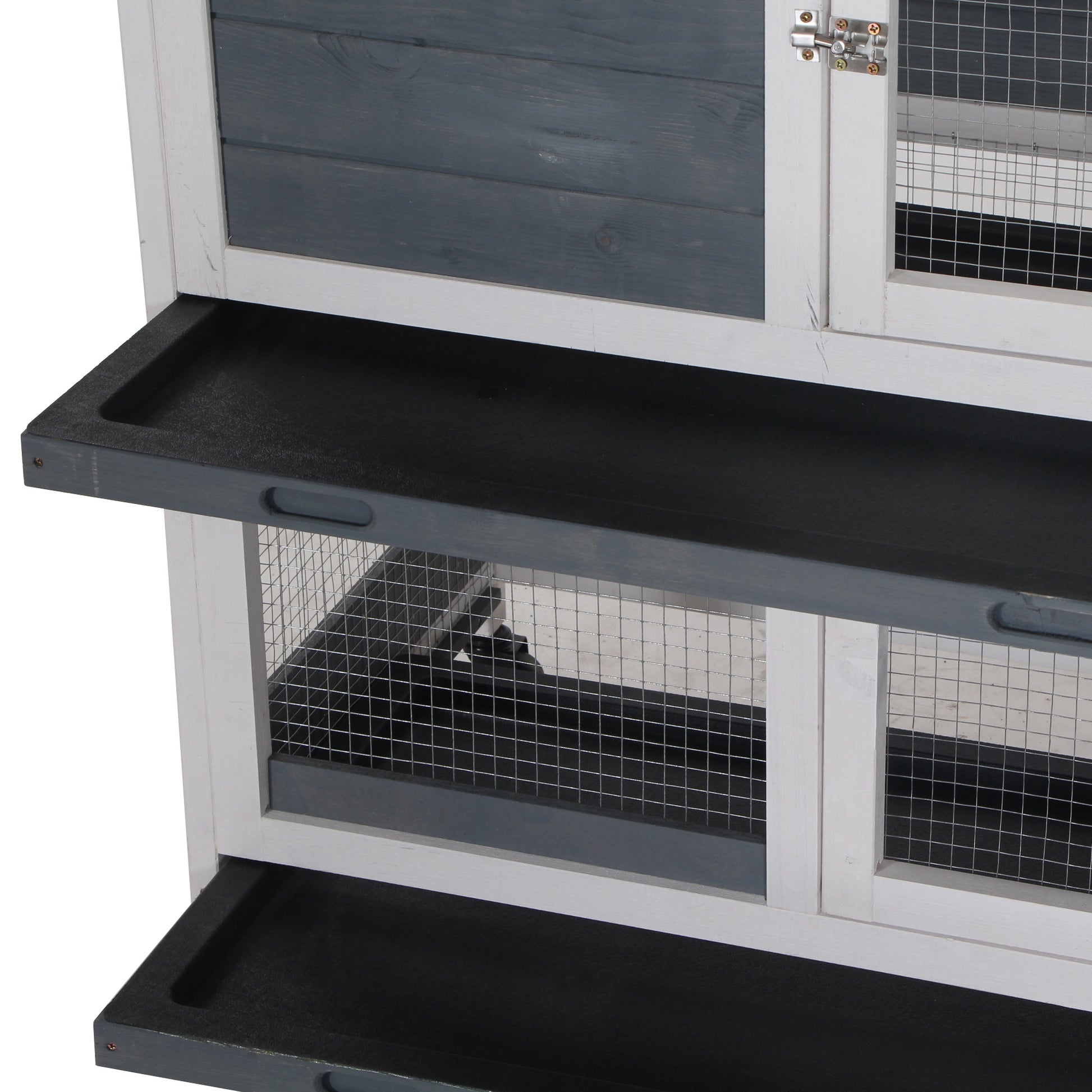 Wooden Rabbit Hutch with Wheels 147x45.5x88.5 cm 2-Level Cage for Rabbits with Openable Roof 2 Metal Runs 3 Removable Trays 3 Doors with Latch and Ramp Gray