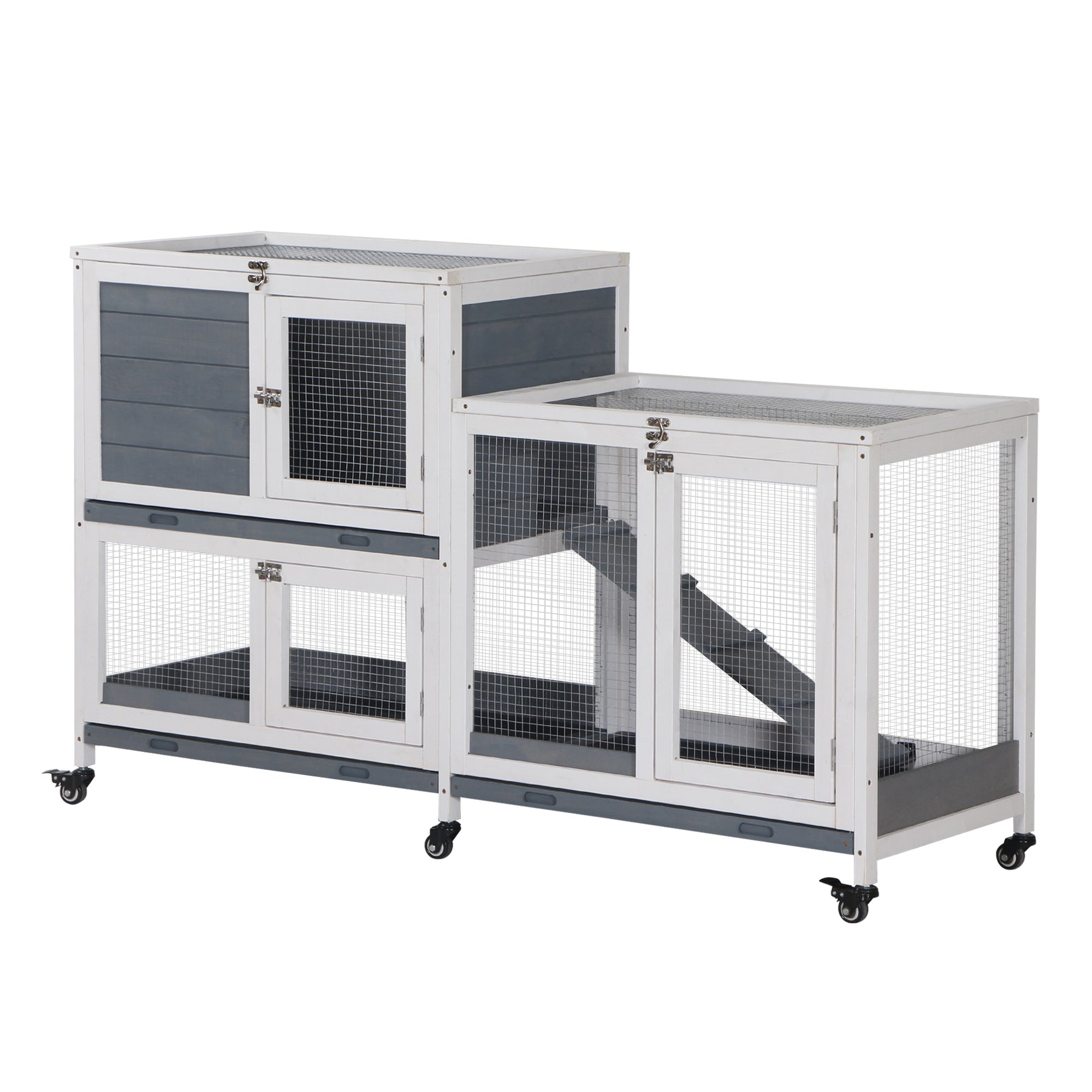 Wooden Rabbit Hutch with Wheels 147x45.5x88.5 cm 2-Level Cage for Rabbits with Openable Roof 2 Metal Runs 3 Removable Trays 3 Doors with Latch and Ramp Gray