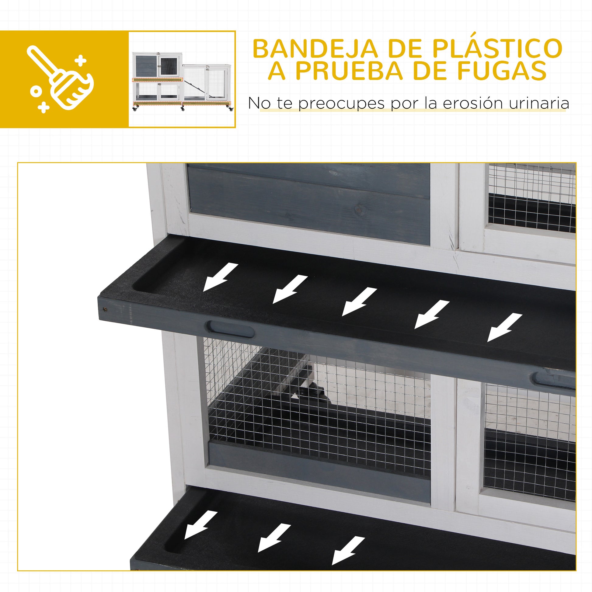 Wooden Rabbit Hutch with Wheels 147x45.5x88.5 cm 2-Level Cage for Rabbits with Openable Roof 2 Metal Runs 3 Removable Trays 3 Doors with Latch and Ramp Gray