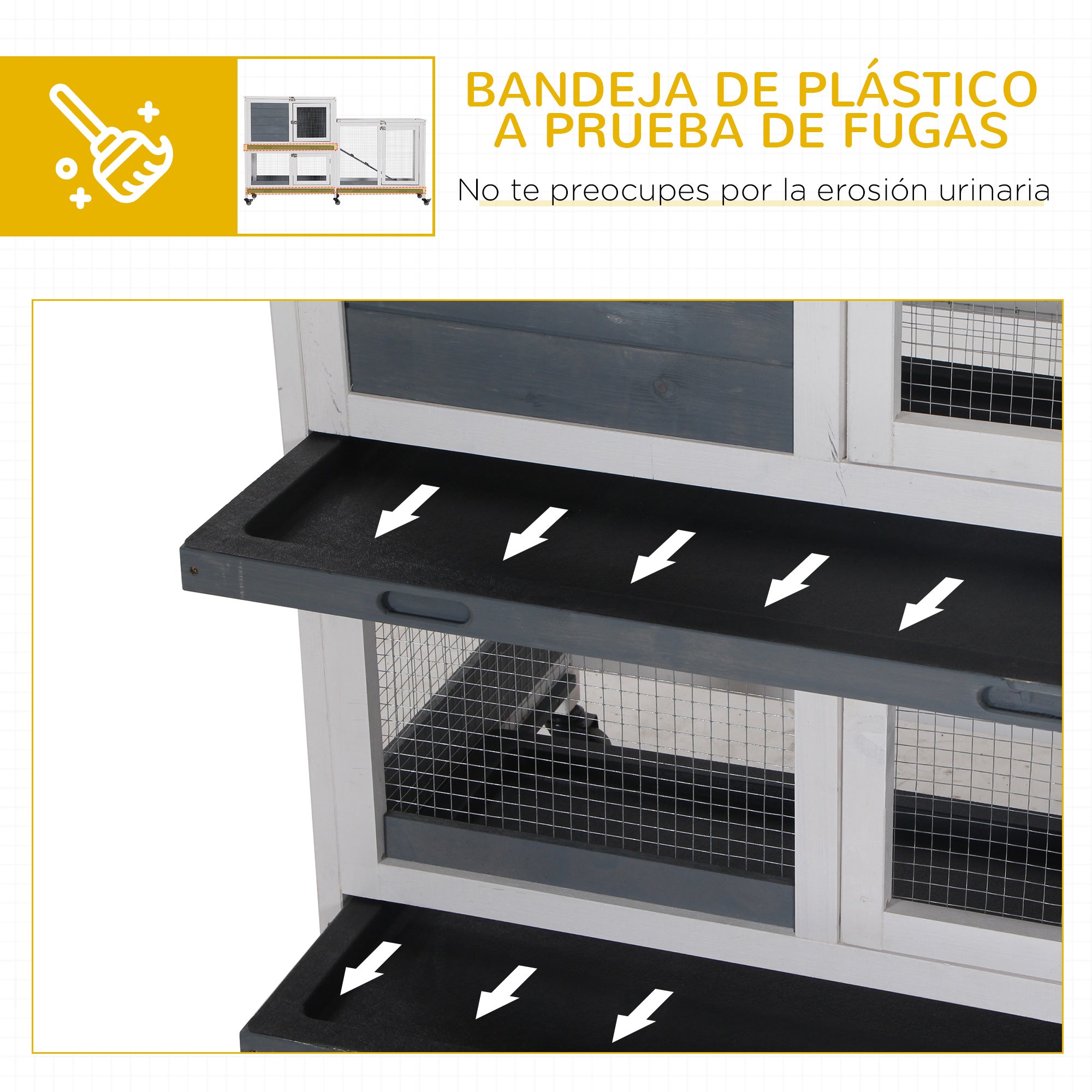 Wooden Rabbit Hutch with Wheels 147x45.5x88.5 cm 2-Level Cage for Rabbits with Openable Roof 2 Metal Runs 3 Removable Trays 3 Doors with Latch and Ramp Gray