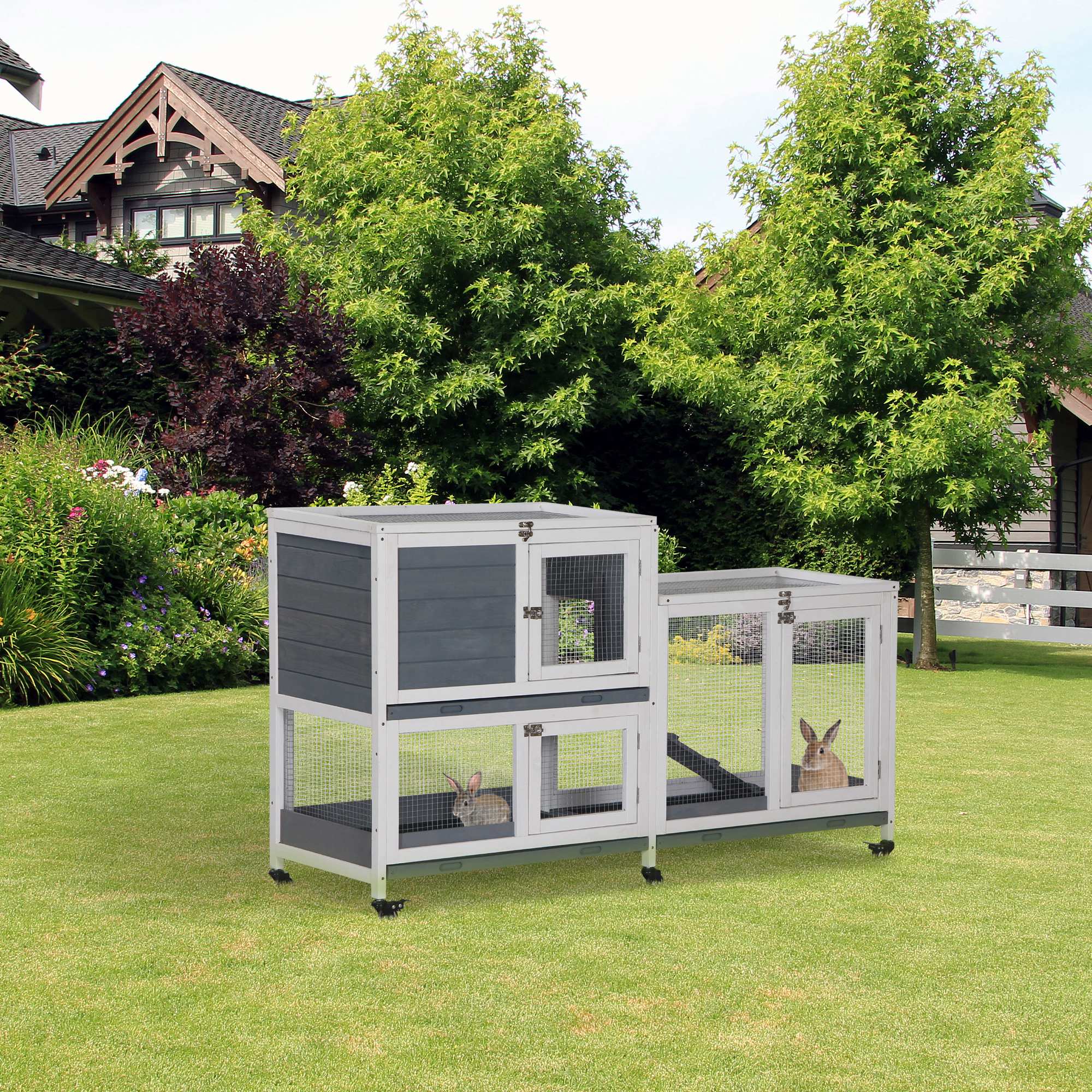 Wooden Rabbit Hutch with Wheels 147x45.5x88.5 cm 2-Level Cage for Rabbits with Openable Roof 2 Metal Runs 3 Removable Trays 3 Doors with Latch and Ramp Gray