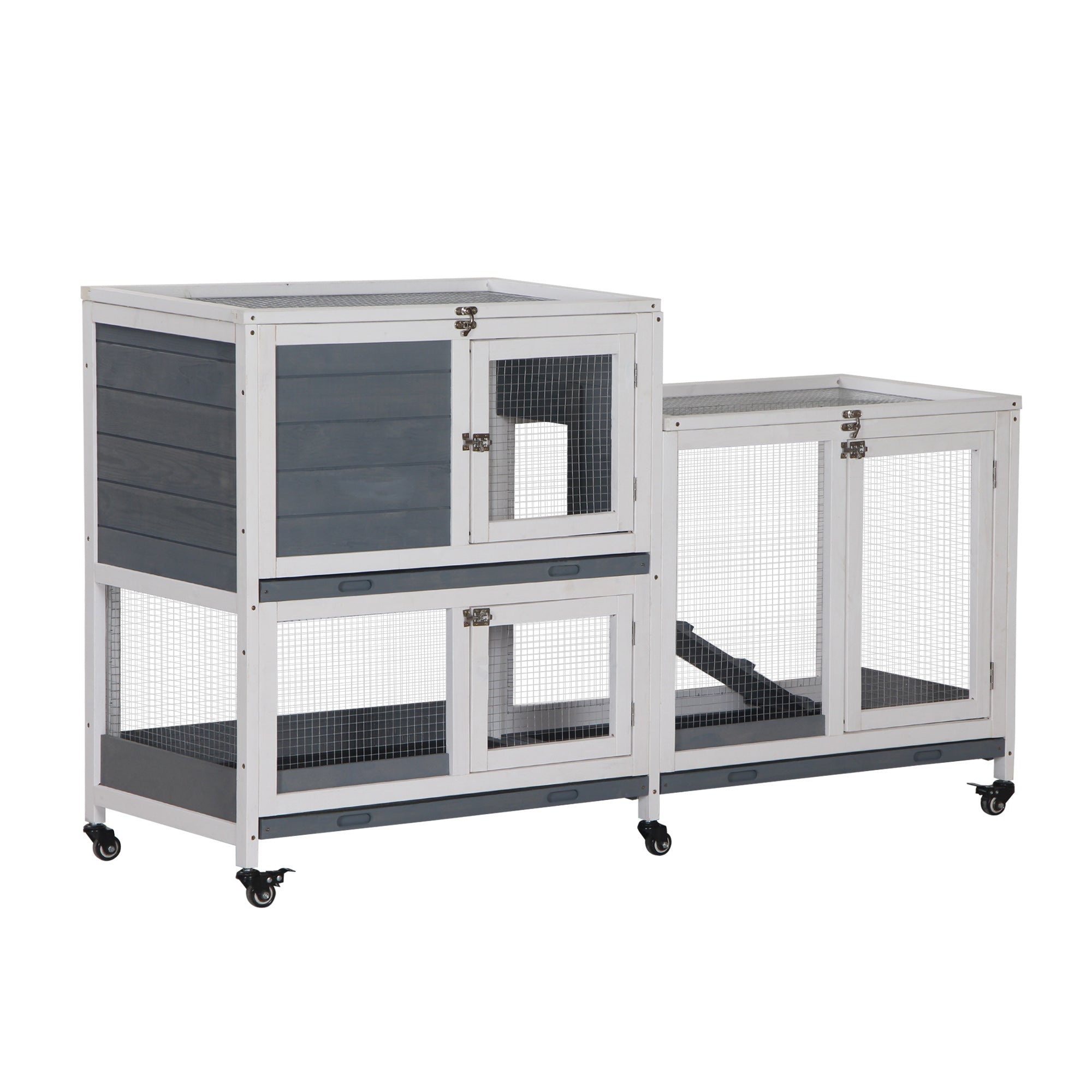 Wooden Rabbit Hutch with Wheels 147x45.5x88.5 cm 2-Level Cage for Rabbits with Openable Roof 2 Metal Runs 3 Removable Trays 3 Doors with Latch and Ramp Gray