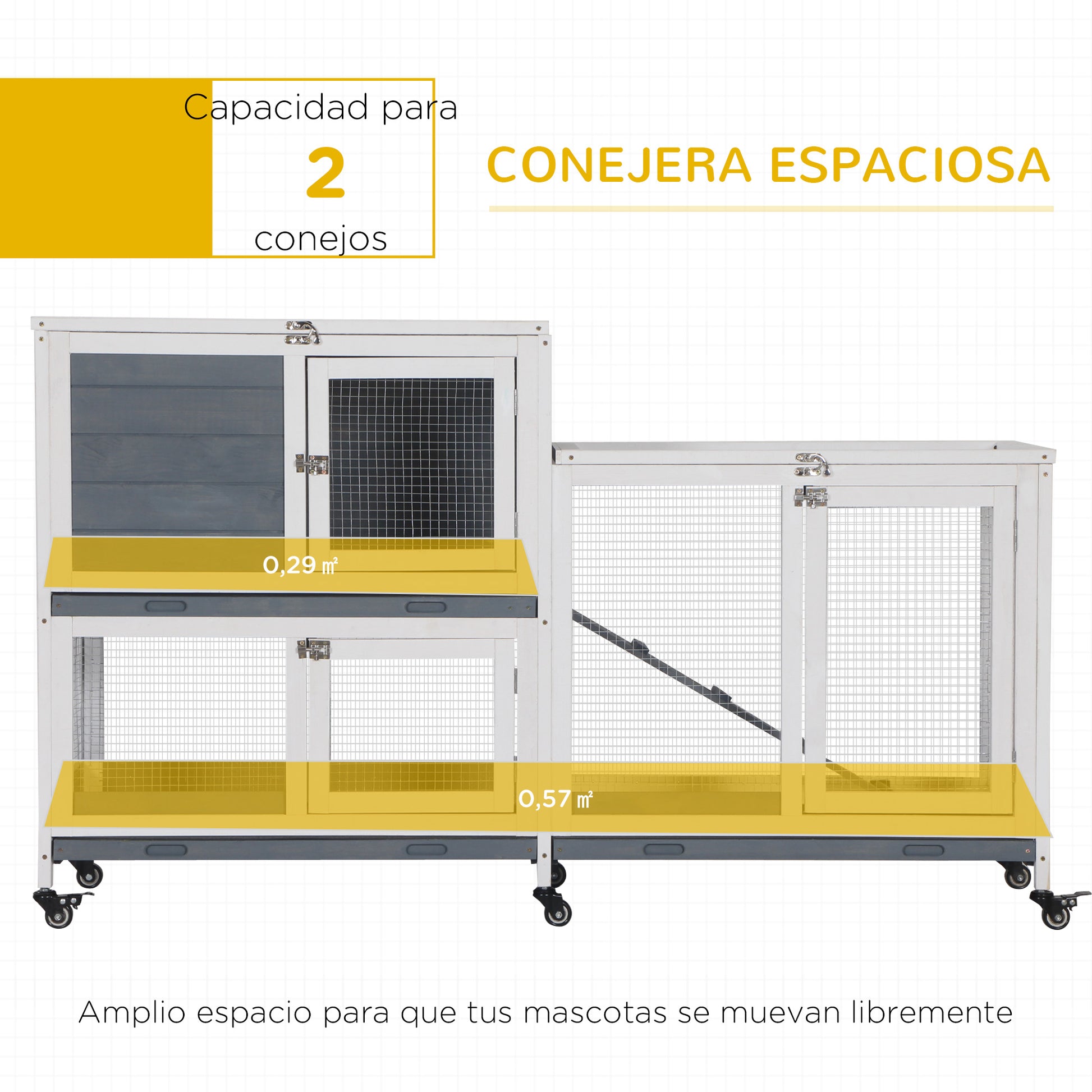 Wooden Rabbit Hutch with Wheels 147x45.5x88.5 cm 2-Level Cage for Rabbits with Openable Roof 2 Metal Runs 3 Removable Trays 3 Doors with Latch and Ramp Gray