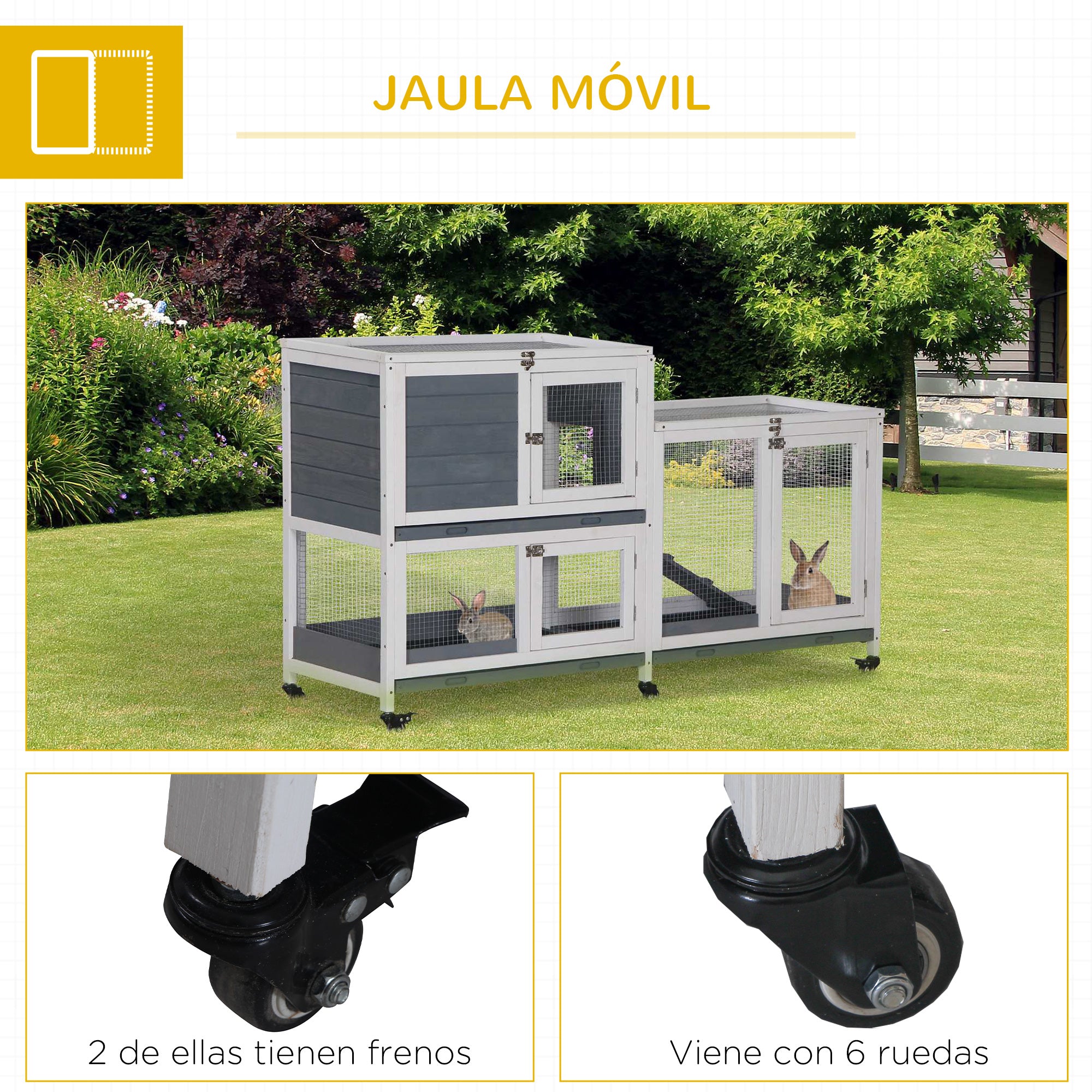 Wooden Rabbit Hutch with Wheels 147x45.5x88.5 cm 2-Level Cage for Rabbits with Openable Roof 2 Metal Runs 3 Removable Trays 3 Doors with Latch and Ramp Gray