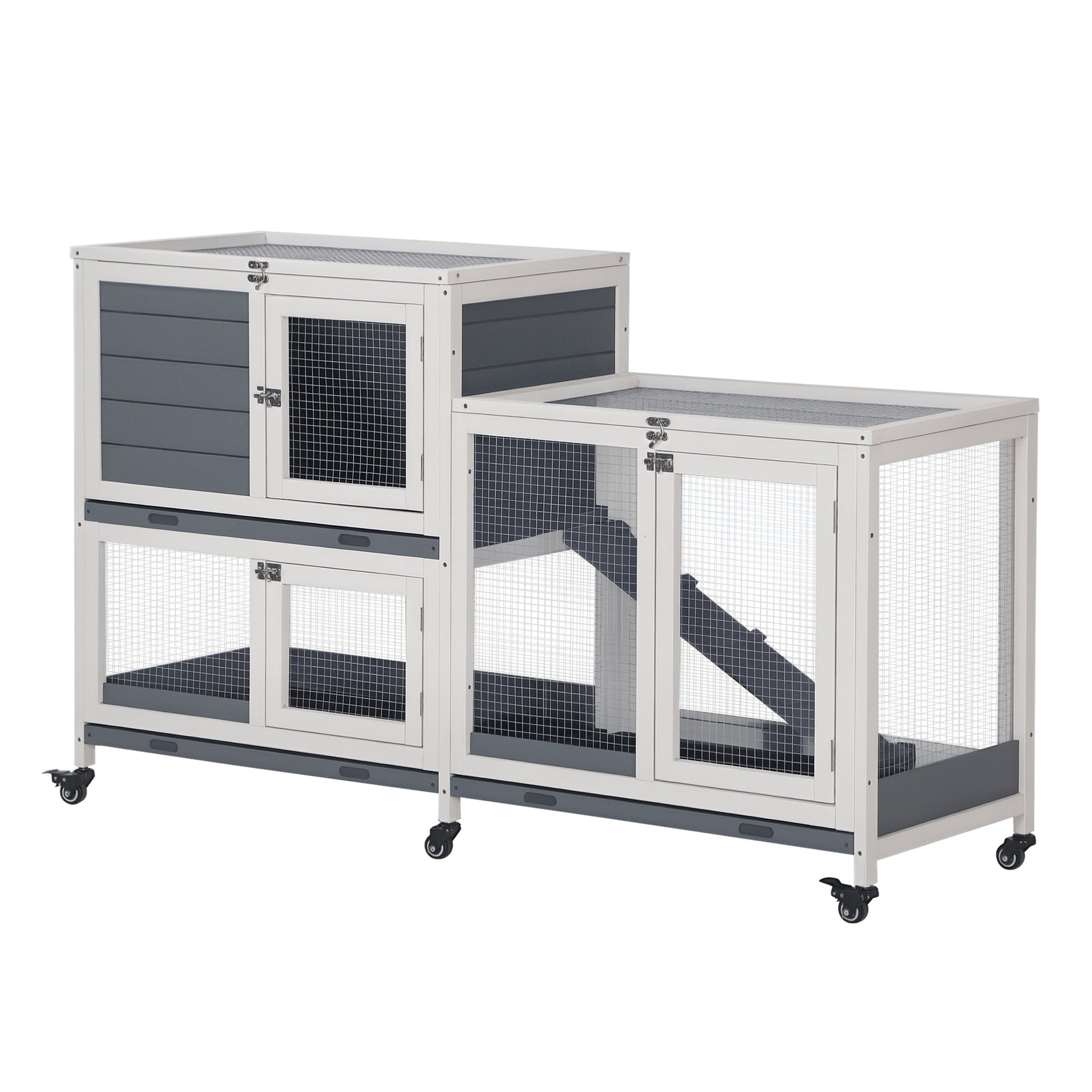Wooden Rabbit Hutch with Wheels 147x45.5x88.5 cm 2-Level Cage for Rabbits with Openable Roof 2 Metal Runs 3 Removable Trays 3 Doors with Latch and Ramp Gray